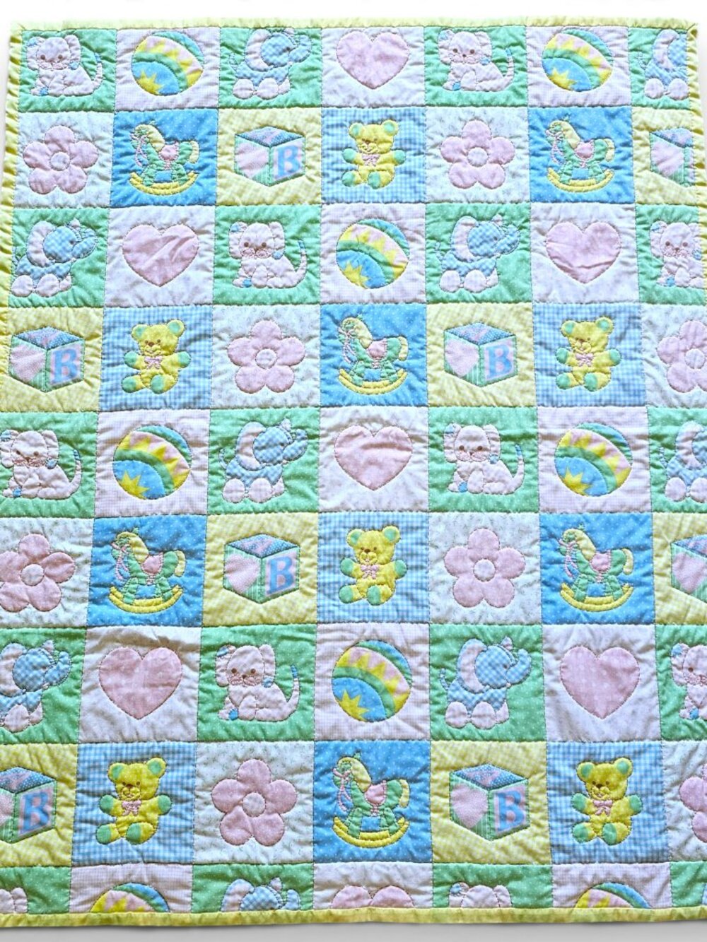 Vintage Handmade Baby Quilt Pastel Teddy Bear Puppy Rocking Horse Yellow Back